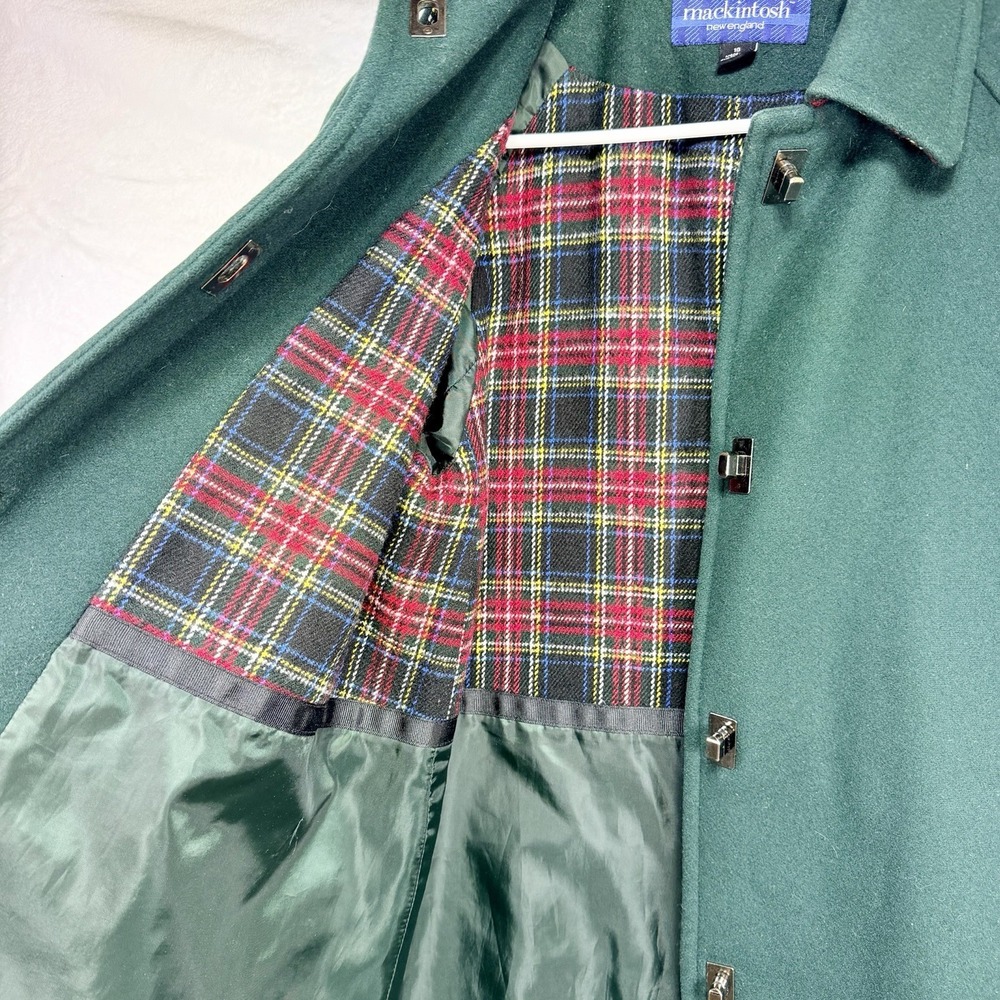 Vtg Mackintosh of New England Green Wool Coat Plaid Lined Turn Lock Toggle Sz 10